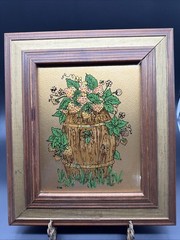 VTG 60s 70s Reverse Painting Of Strawberries In Barrel On Glass Grannycore