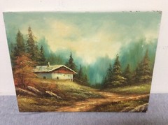 Signed Phillip Cantrell Vintage Oil Painting House in the Woods 12” x 16”