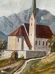 Oil Painting Burgmayr Church Alps Wiessee With Camping Berge Summit Antique Alm