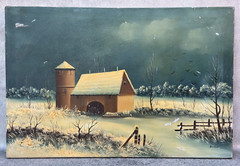 BODAN SIGNED OIL PAINTING WINTER BARN SNOW LANDSCAPE 24″ X 36ART RESTORATION