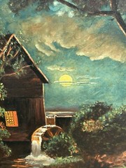 Gothic Vintage Oil on Canvas Haunted Mill by Moonlight 1929 Signed and Framed