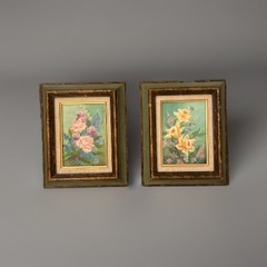 VTG 1960’s Still Life Floral Oil Paintings in Green Gold Frames 11” X 9” Set