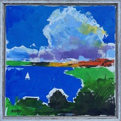 Expressionist Neru Abstract Coastal Landscape with White Sailboat Oil Painting 40×40