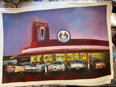Vintage Americana Drive-In Diner Art Oil Painting Classic Cars Home Decor