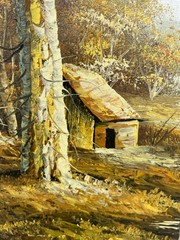 Vintage Mountain Landscape Forest Oil Painting Art Home Trees Stream Forest Path