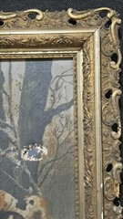 FINE ANTIQUE OIL ON CANVAS – HUNTING DOGS IN WINTER- PERIOD FRAME -READ!