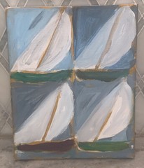 OOC Sailboats Collage Canvas Modern 8”X10” Blue White Green Brown Yellow Stormy