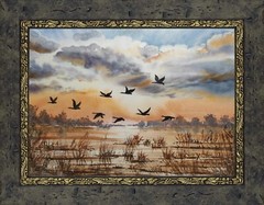 DUCKS FLY CLOUDY SKY Original Art Painting Landscape GEESE FLY Bob Ross Style A4