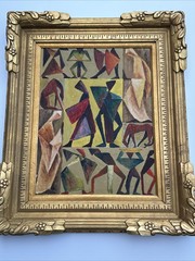 MID CENTURY PAINTING PEOPLE HORSE CUBIST CUBISM MODERNISM ANTIQUE 1940’S OIL