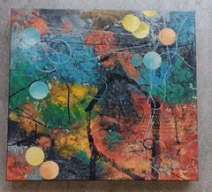 WON S. MIN MIXED MEDIA OIL ON CANVAS ABSTRACT ART 16.0″ X 18.0″ KOREAN ARTIST