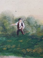 Antique Oil Painting Folk Art Country Scene Hunter Pointing ? Signed 12×6″
