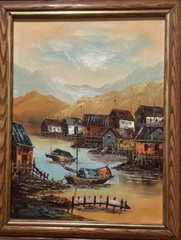 Boats Nautical P. WONG Oil on Canvas Framed Painting Colorful Harbor 12”x 18”