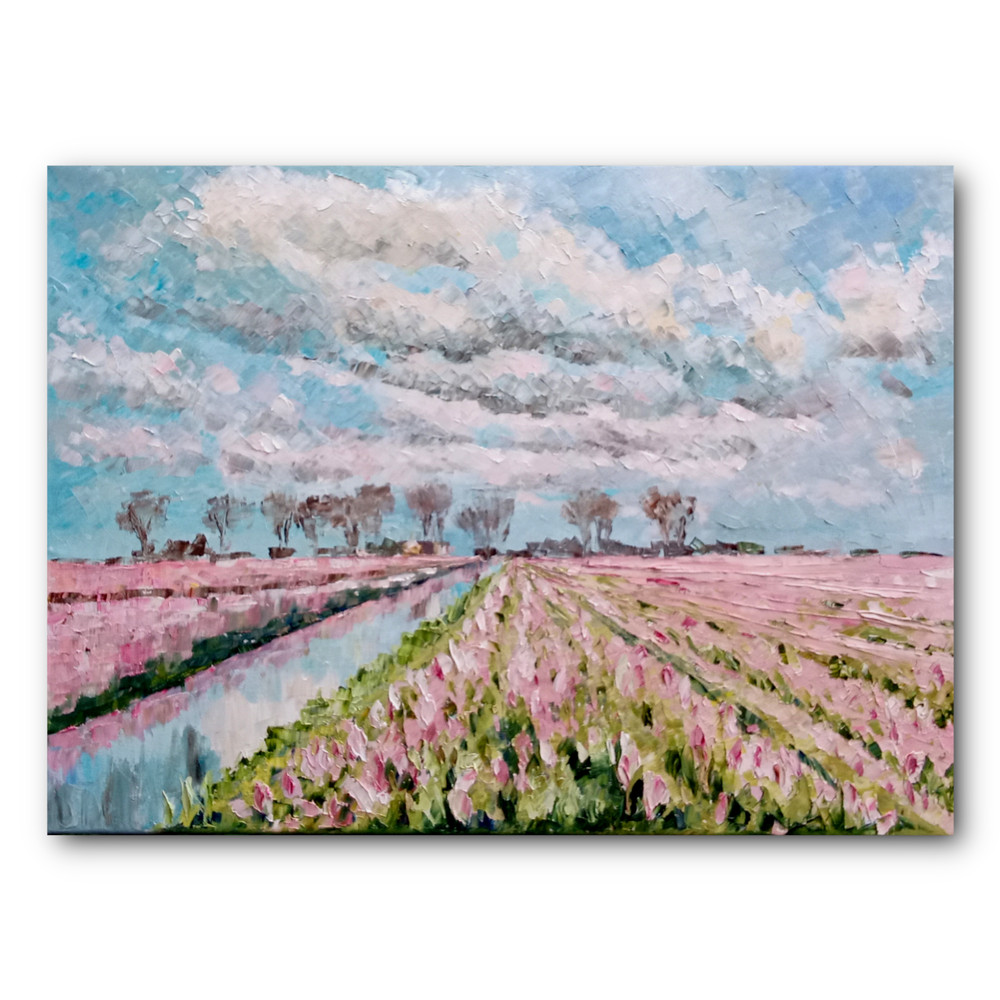 Oil painting ORIGINAL art Pink tulips Tulip fields art
