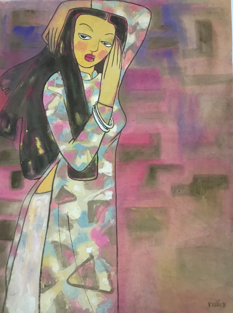 Vu Tuan Vietnamese ao dai girl orig watercolor silk Art In Heart born 1973 VUFA