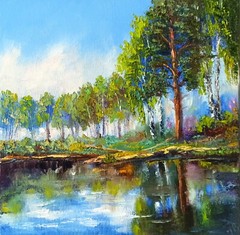 Landscape Original Oil Painting Birch Trees Artwork on Canvas 30x30cm