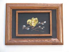 Baby Duck On Blooming Branch Painting Double Framed Signed KB 87 7 1/4 X 5 1/4