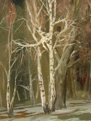 Ukrainian Soviet USSR oil painting impressionism nightscape snow birch trees
