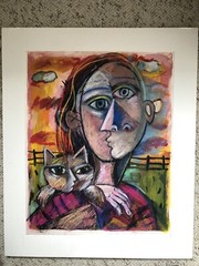 Cubism Cat farm woman original oil painting by MBollen monotype