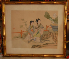 VINTAGE SIGNED MATTED FRAMED WATERCOLOR ON SILK CHINESE NOBLE LADIES IN A GARDEN