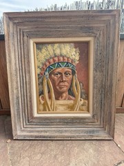 Taos Artist Manville Chapman (1903-1978)Oil Board Painting “Indian W/War Bonnet”