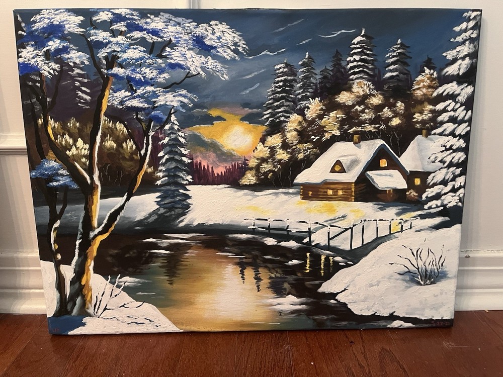 Snowy House Winter Folk Art Painting House Tree Winter Snow Painting 20×16
