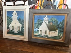 PAIR Folk Art VIENNA METHODIST CHURCH Oil On Board CLIO MICHIGAN Pastor Orling