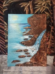 Waterfall into ocean painting on linen painting panel 9×12