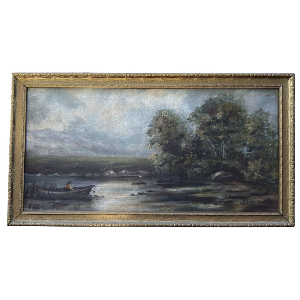 1912 Painting B – Water Boat w Man Stone Bridge Clouds Landscape Low Light 20×10