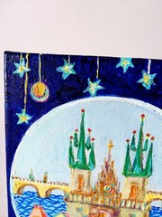 Whimsical Prague Original Oil Painting, Folk Art Cityscape Oil on Canvas 6×6 in