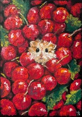 Hamster Original Art Cherry Wall Art Abstract Oil Pastels Animal Art Fruit Art