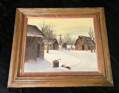Vintage Everett Woodson Original Oil Painting – Winter Farm Barn Scene – Framed