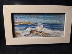 2Vtg Dollhouse Miniature Hand Painted Lighthouse Ocean Painting Wood Framed 2×4″