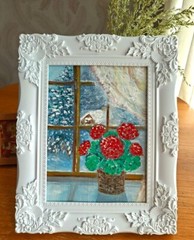 Oil painting Red flowers Geranium on the window Winter landscape Original New