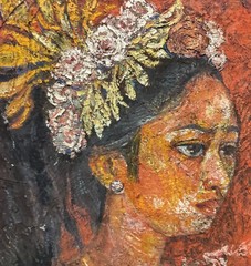 Gusti Sholihin 1960 Vintage Gadis Bali Girl Portrait Oil on Canvas Painting 27”