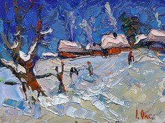 Oil Painting Snowy Streets Of The Village O. Ivanyuk Unframed Original nAAA3922