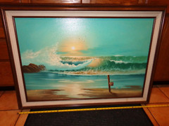 VINTAGE OIL PAINTING ON CANVAS 42 x 30 in SUNSET ON BEACH BY BEN POWEN -L 188 D