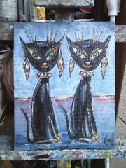TWO BLACK CATS new retro art original 8×10 card panel oil painting by Crowell