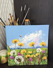 Original Oil painting Dandelions on Canvas board 25x25cm Flowers Artwork Signed