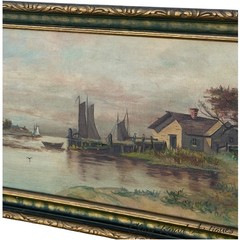 Antique Oil Painting Dutch Canal Landscape Signed Great Frame 1920