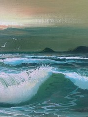 Vintage Painting of Ocean Breaking Waves, 17.5″ x 29.5″