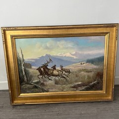 Original Oil On Canvas Painting Of 4 Elk Running From Hunters By Bill Chappell