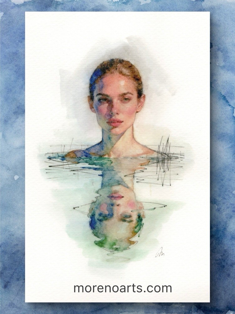 Original Watercolor Painting Female Portrait Book Page Size (5.5 × 8.5 inches)