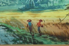 Original Water Color Painting Tribal Village Scene Trees Men Fishing Framed