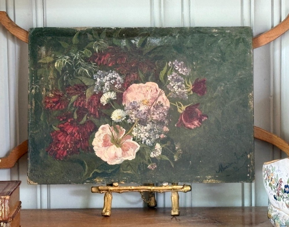 Antique French Oil on Board Painting Floral Bouquet Still Life 1881 Signed
