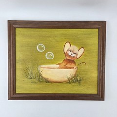 Framed Mouse Bath Painting Mid Century Style Signed 13×16″ Whimsical