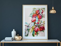 Original watercolor 11×16 inc. Branch with bright ripe juicy plums Painting
