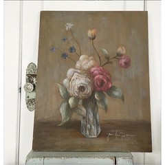 Vintage Flower Painting Large Floral Stretched Canvas Signed Pink Shabby 24×30″