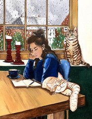 Oil Painting on Canvas, 16×20 inches, Journaling on a Rainy Day, Cat, Journal.