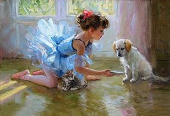 Hand Painted Oil Painting Art Female ballet Small girl and dog On Canvas 24″X36″