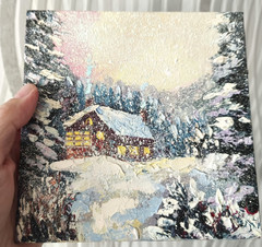 Original Oil Painting Winter Cabin in Snowy Forest Cozy Landscape 15x15cm SIGNED